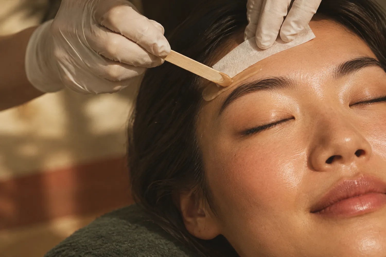 An eyebrow wax in progress